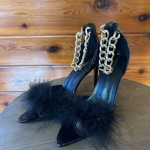 Fashion Nova Black Heels with Gold Chain and Feather Detail
